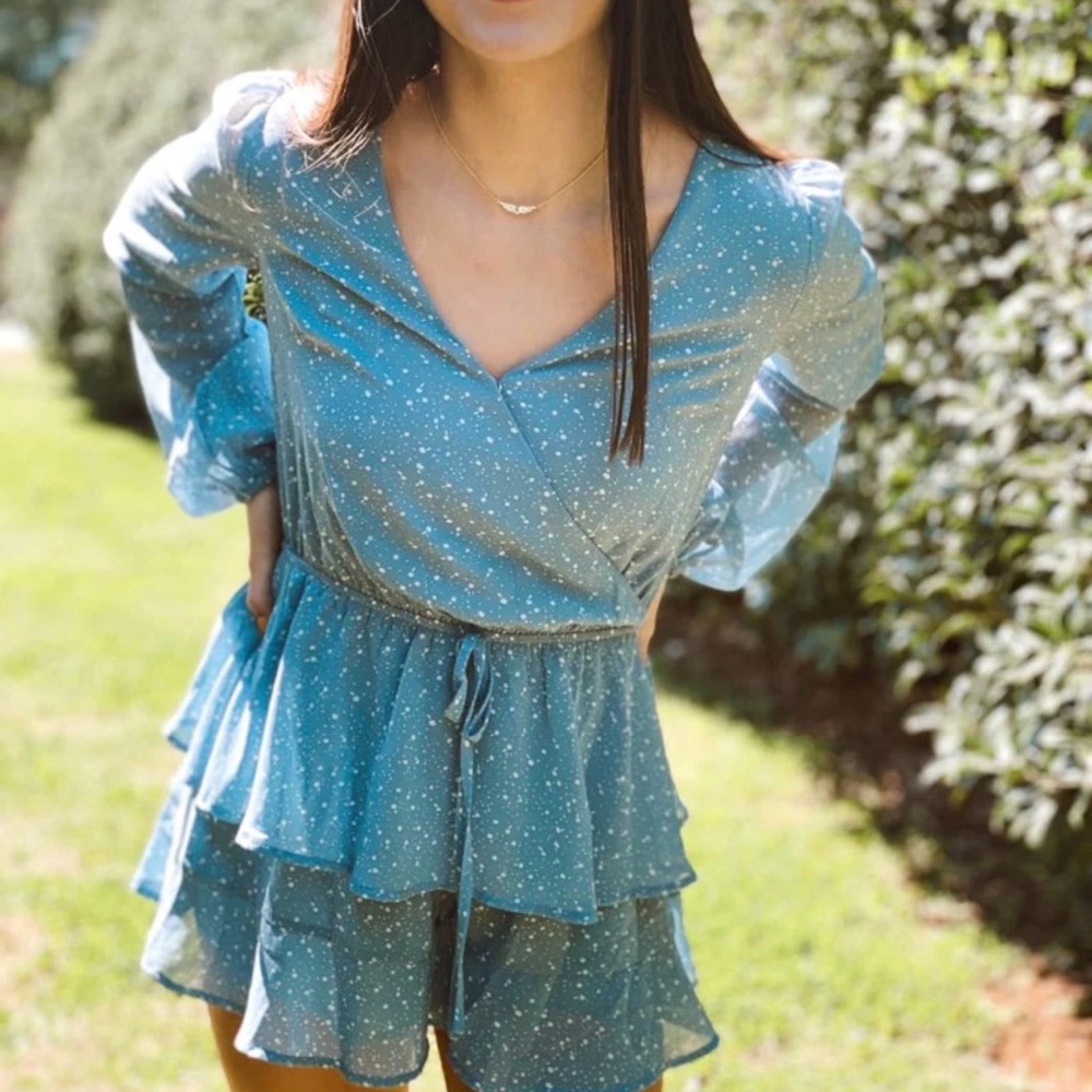 Altar'd State Blue and White Ruffle Mini Romper